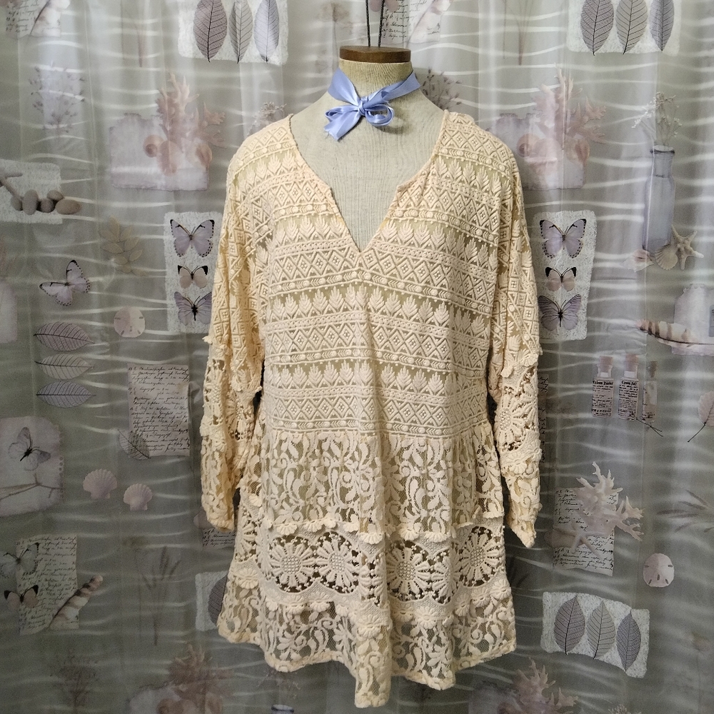 Sundance Victorian Essence Boho Crochet and Lace Tunic Top Peach Size L